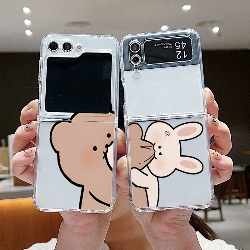 Phone Cases Z Fold 4 - Funny Bunny Bear Paired Couple Clear